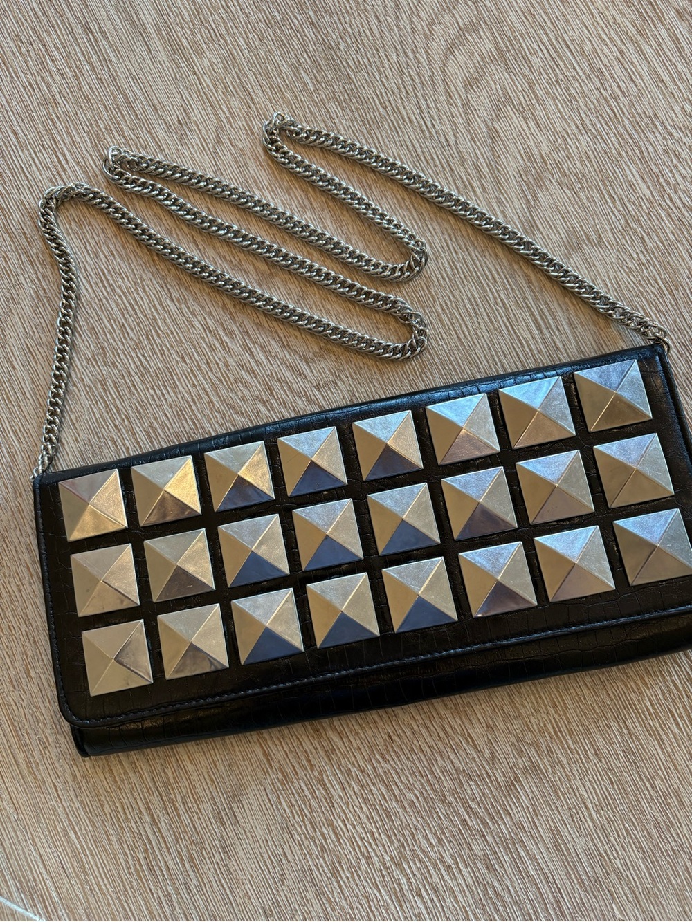 Stud Embellished Black Faux Leather Crossbody Clutch with Chain Strap